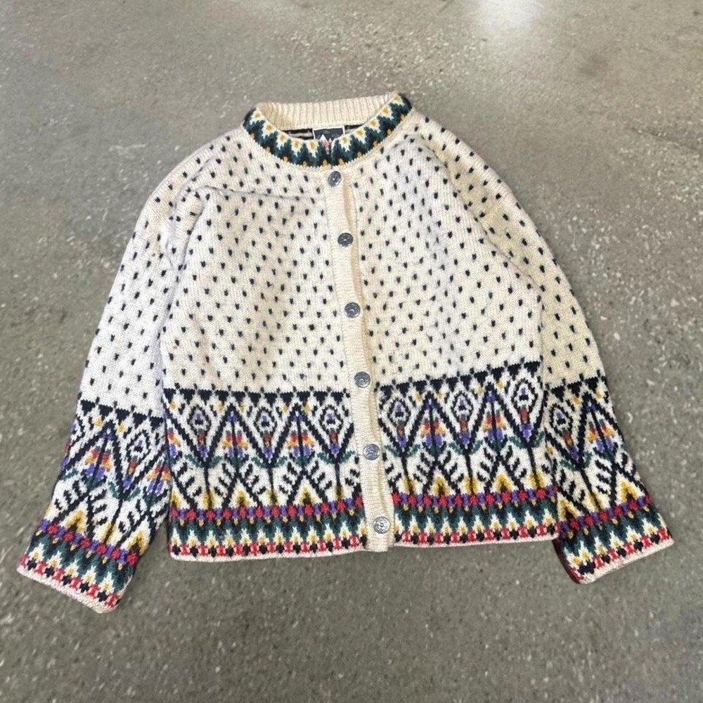 Vintage Dale of Norway Wool Knit Geometric Pattern Cardigan Cream Multi L
